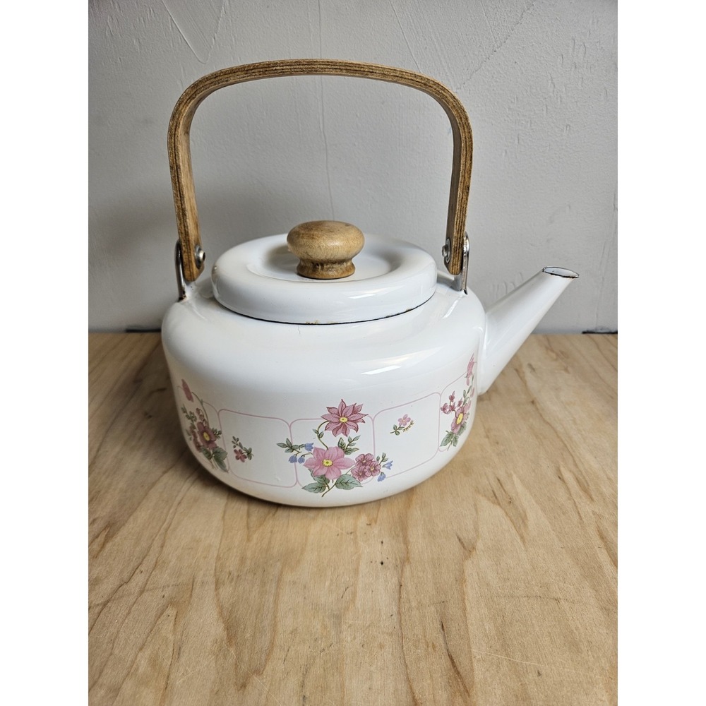 Vintage Floral Enamelware Tea Kettle Teapot Wood Handle Made in Taiwan Cottage